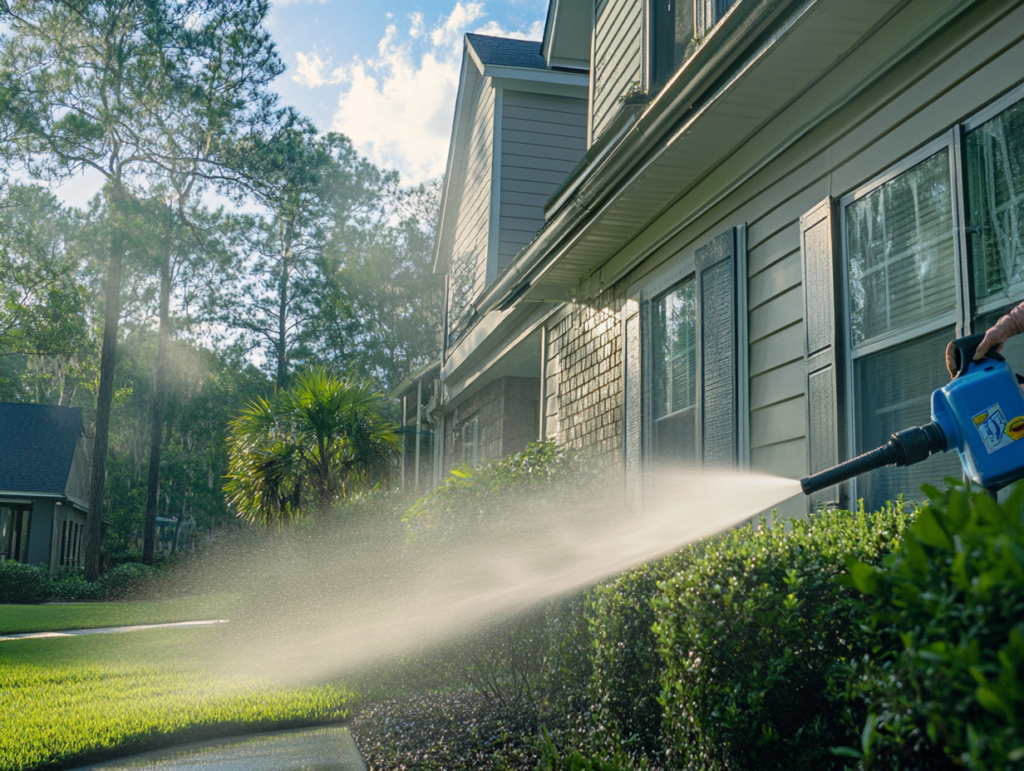 Worker using a low-pressure soft washing system to clean an exterior surface.