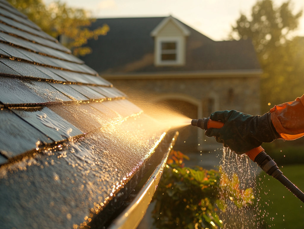 Worker using a low-pressure soft washing system to clean an exterior surface.