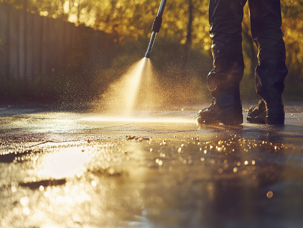 Worker using a pressure washer to clean a driveway effectively.
