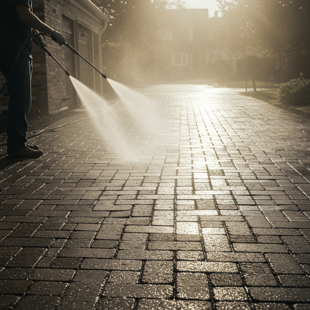 A person using a soft wash system to clean a brick driveway with low-pressure water
