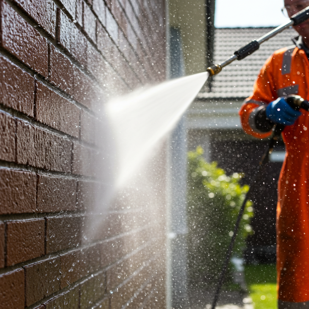 Worker pressure washing a brick wall