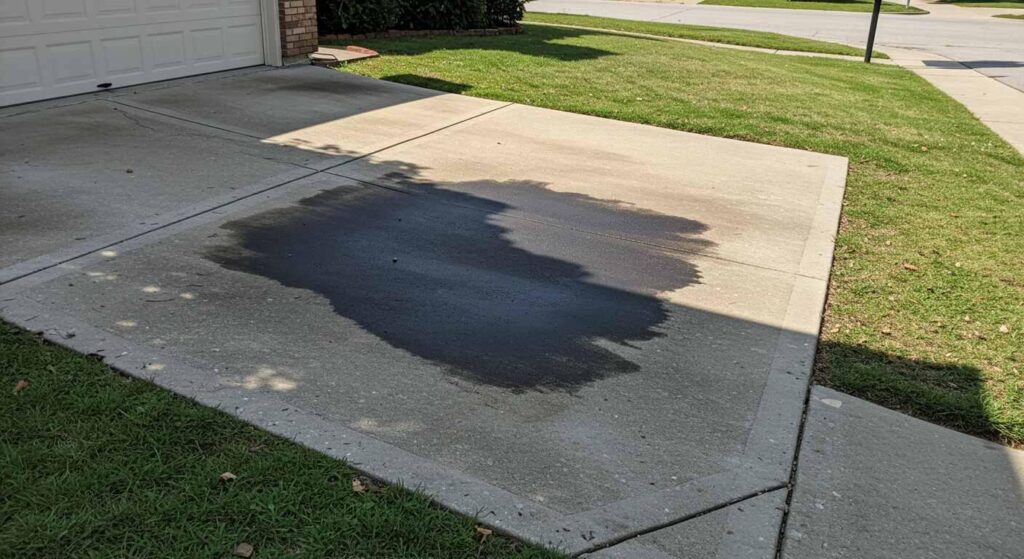 A suburban concrete driveway with a large dark oil stain, bordered by a patch of grass and part of a house in the background.