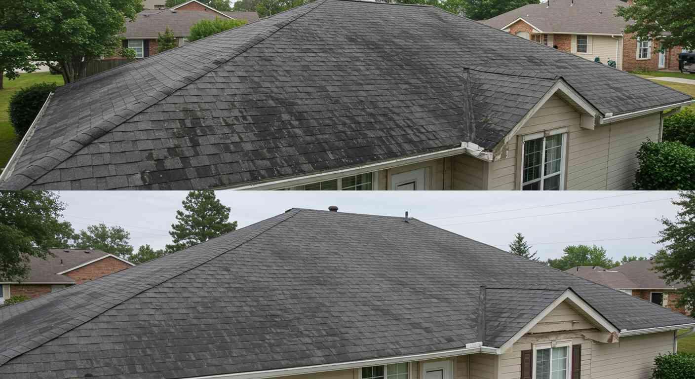 Before-and-after image of a roof cleaning service removing black streaks