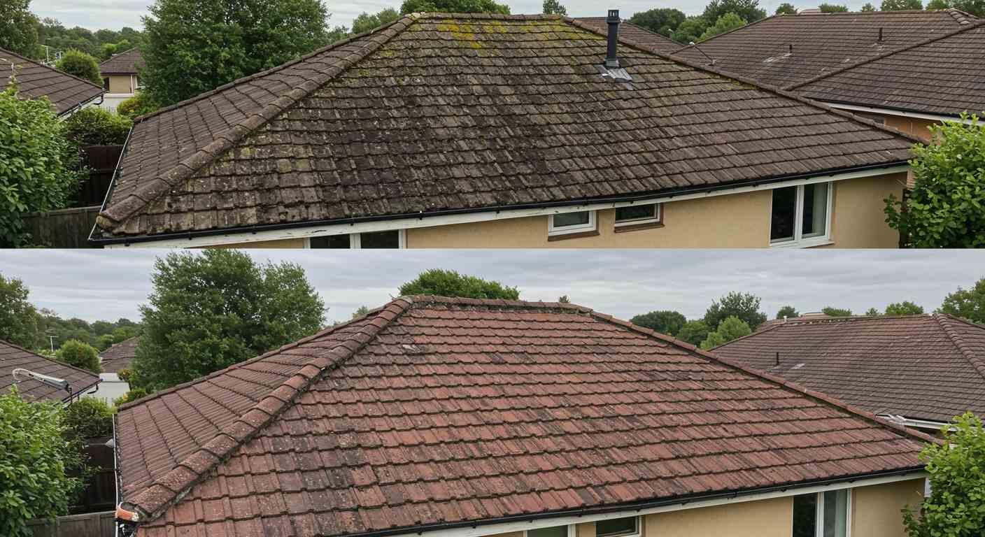 Before and after results of soft roof tile cleaning showing restored tile surface