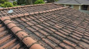 Close-up of black streaks caused by algae on a residential roof in Australia