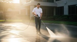 Professional cleaner pressure washing a business driveway