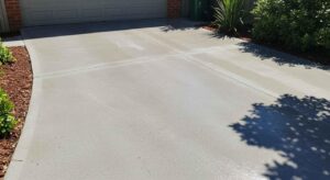 Professional driveway cleaning in Melbourne using a high-pressure washer on the concrete surface