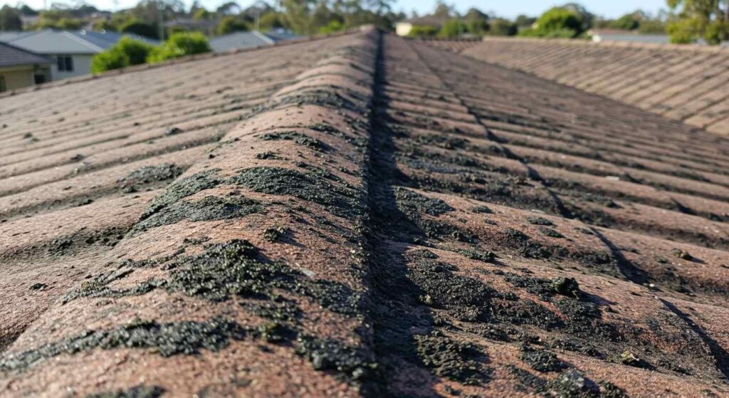 Technician applying soft wash solution to roof tiles in Melbourne for safe moss removal