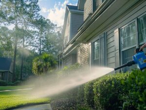 Technician using a low-pressure soft wash system to clean house siding