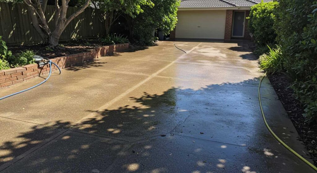 The driveway is showing the results of professional pressure cleaning in Melbourne.