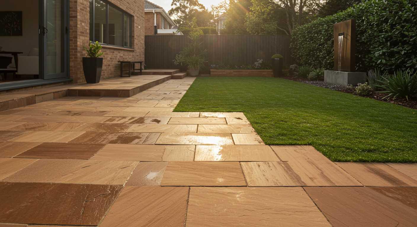 Clean sandstone patio after maintenance, showing natural stone texture and outdoor garden setting under bright daylight.