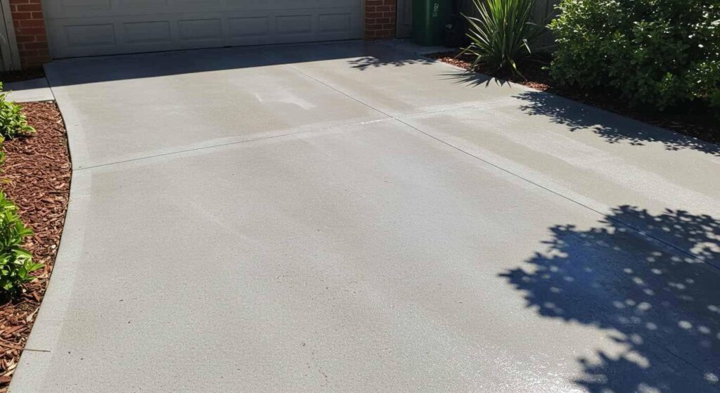 Freshly cleaned concrete driveway with smooth bright surface after washing