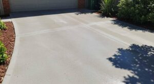 Freshly cleaned concrete driveway with smooth bright surface after washing