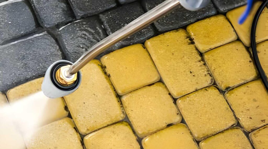 High-pressure water cleaning sandstone pavers, removing dirt and grime to restore the natural stone color.