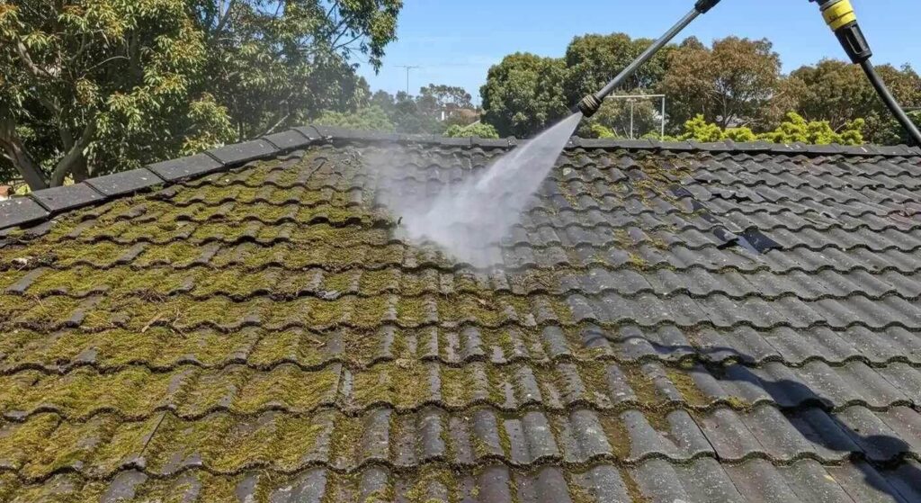 Pressure washer cleaning moss and algae buildup from tiled roof surface