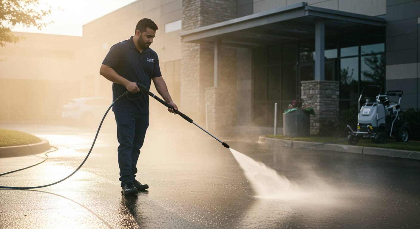 Professional cleaner using pressure washer to clean concrete driveway
