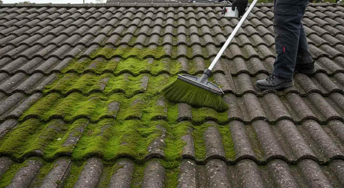 Worker scrubbing thick green moss from roof tiles using a stiff brush