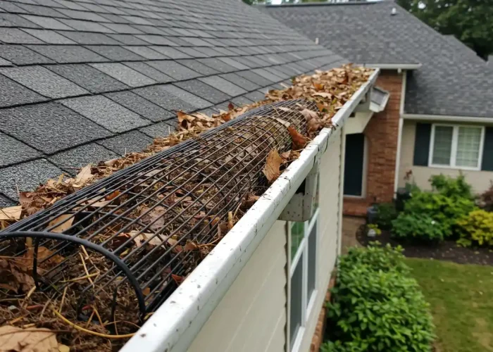 A gutter clogged with leaves and debris despite having a mesh guard, showing the need for gutter maintenance.