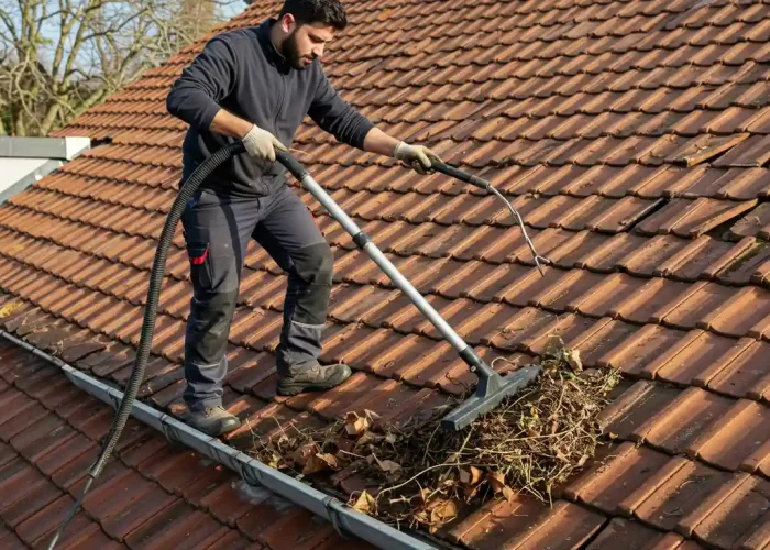 A worker using a pressure washing tool to clean a tiled roof covered in dirt and debris.