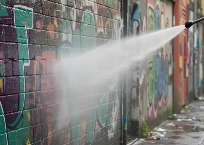 Cleaning chewing gum and graffiti from a car park surface and walls.