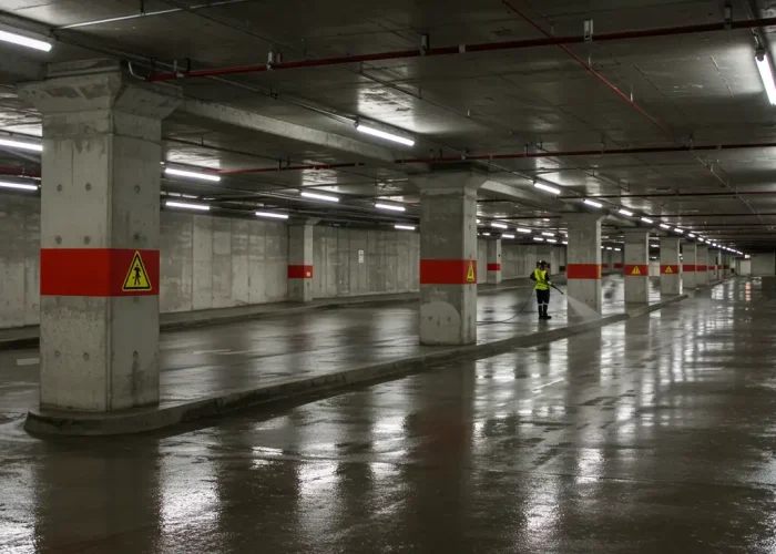 Cleaning crew working in a multi-storey underground car park.