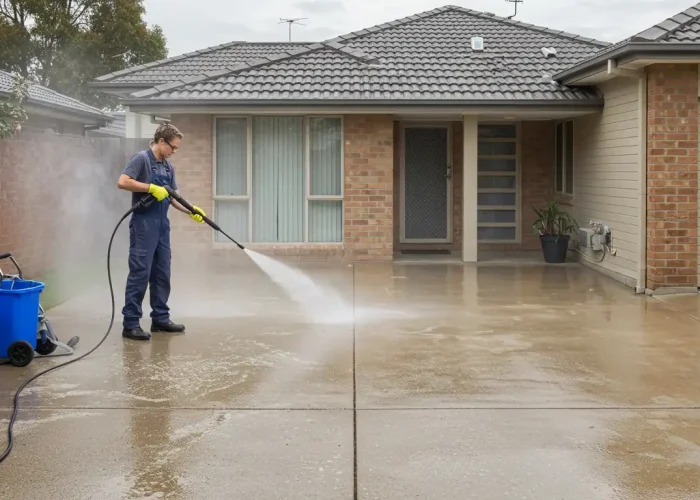Technician pressure cleaning concrete path with visible grime removal in Melbourne