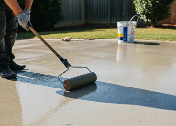Concrete sealing process showing wet sealer being applied for long-lasting protection