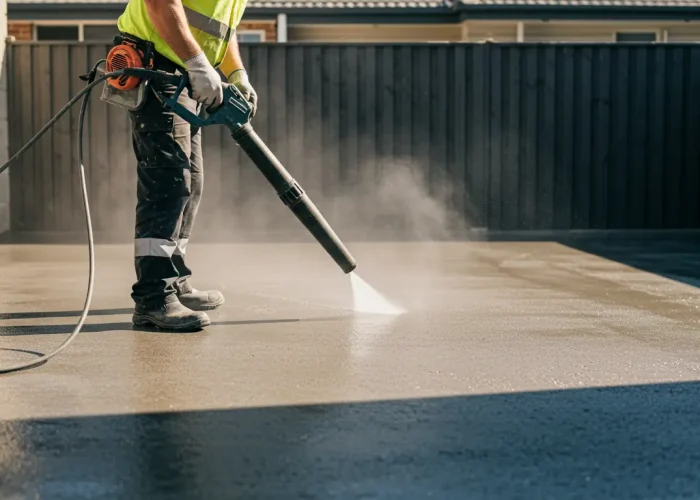 Concrete surface being cleaned and prepared before sealing application