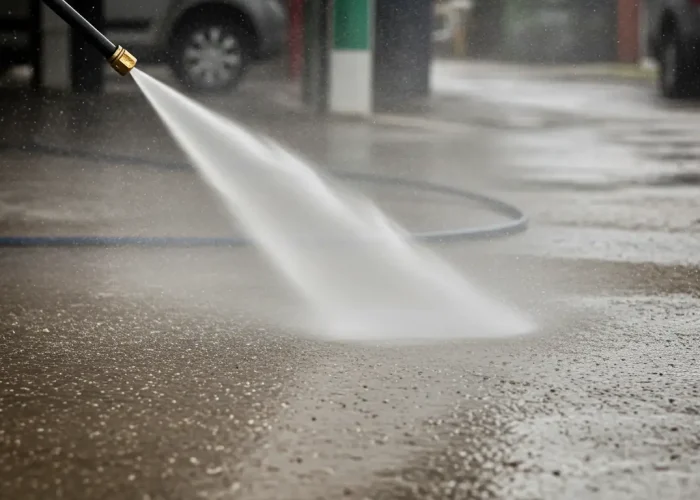 High-pressure water jet cleaning concrete floor in a car park.