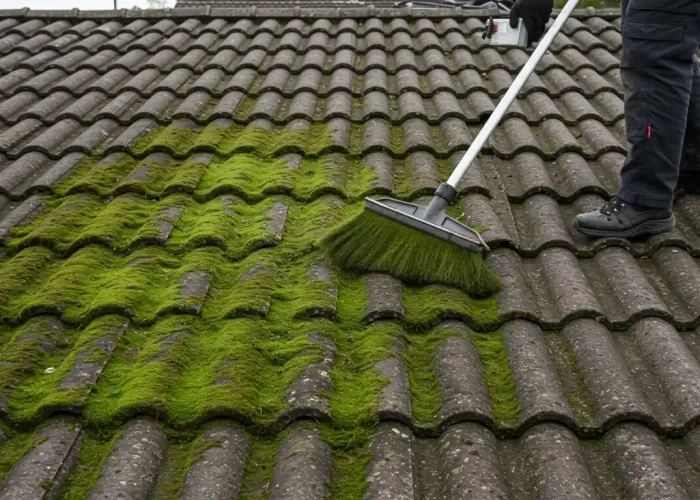 Worker removing moss and algae from roof tiles in a Melbourne suburban home