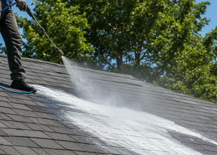 Soft Wash Roof Cleaning Soft wash roof cleaning with low-pressure spray on a house roof in Melbourne