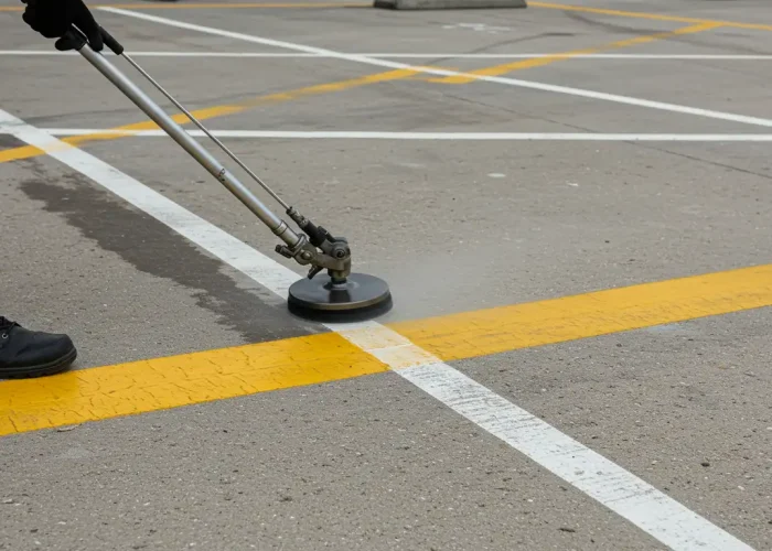 Worker cleaning and restoring car park line markings.