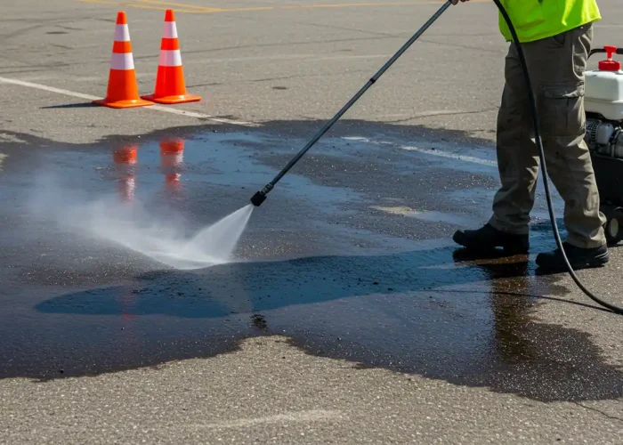 Worker removing oil stains from car park floor with degreasing equipment.