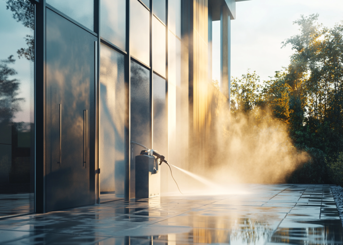 Worker operating a high-pressure washer to remove stubborn dirt.